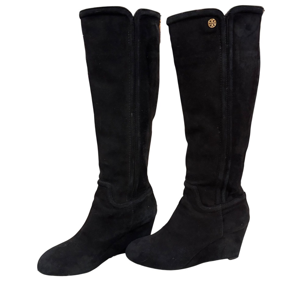Tory Burch‎ Black Suede Gold Accents Wedge Knee High Boots Women's Size 5